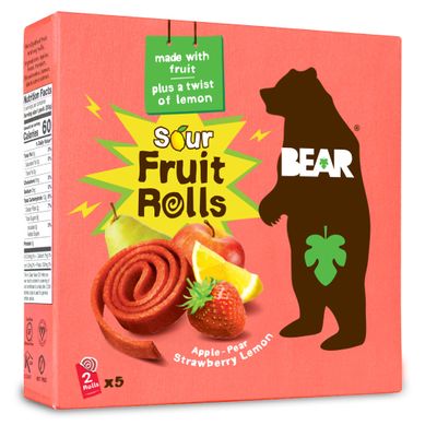 BEAR Sour Fruit Snack Rolls, Strawberry Lemon 0.7 Ounce (5 Count) Gluten Free, Vegan, and Non-GMO Healthy School And Lunch Snacks For Kids And Adults