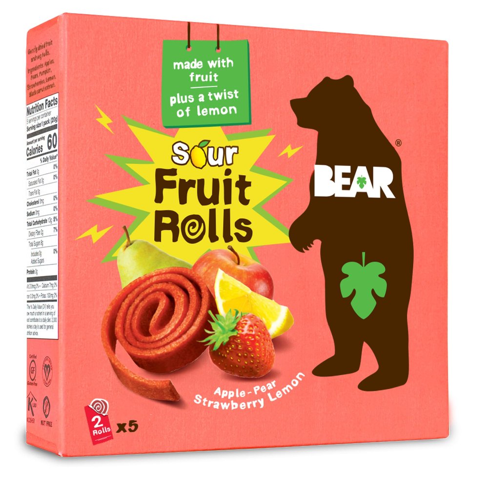 BEAR Sour Fruit Snack Rolls, Strawberry Lemon  0.7 Ounce (5 Count)  Gluten Free, Vegan, and Non-GMO  Healthy School And Lunch Snacks For Kids And Adults