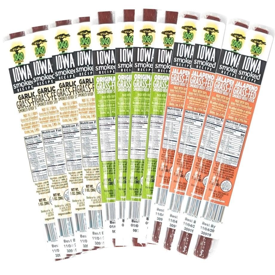Beef Jerky Variety Pack, Iowa Smoked Recipe 3 Flavors, No Sugar, Non-GMO, 100% Grass Fed Beef Sticks. No Nitrates, Gluten, Soy, MSG, Dairy, or Nuts. Paleo, Whole30 and Keto Snack. Low Calorie High Protein Meat Stick (4 Original, 4 Garlic, 4 Jalapeo,