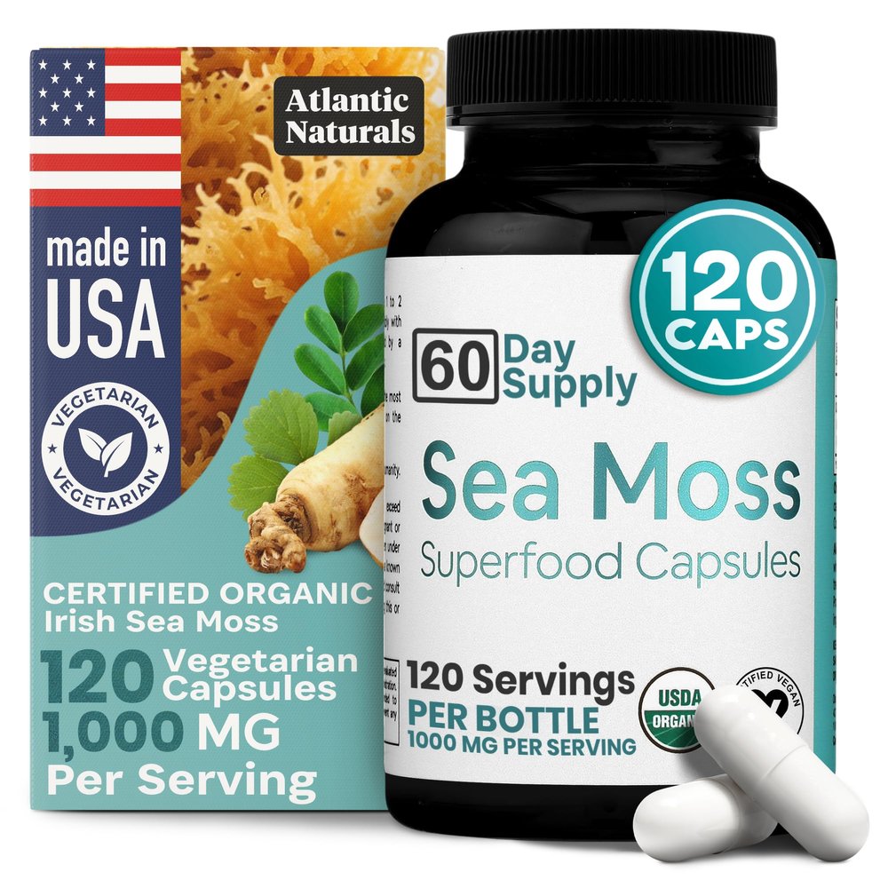Atlantic Naturals Superfood Organic Irish Sea Moss Capsules - 120 Veggie Capsules | Wildcrafted Organic Sea Moss Supplement for Men & Women | Better Than Sea Moss Gel | Support Immunity & Skin, 1000mg