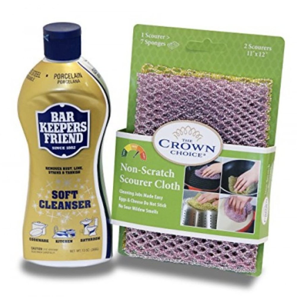 Bar Keepers Friend Cleanser (26 oz) and Non Scratch Scouring Scrubber Kit | Multipurpose, Stainless Steel, Rust, Soft Cleaner with Heavy Duty Non Scratch DishCloth