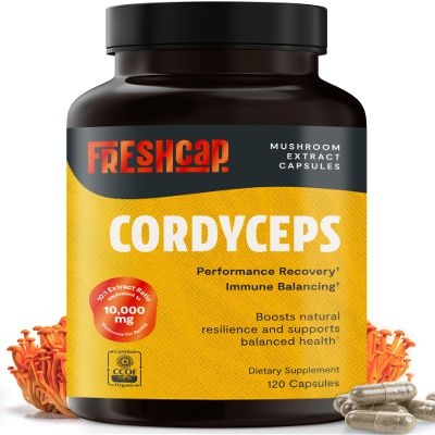 FreshCap Mushrooms Cordyceps Mushroom Capsules 10,000mg - Mushroom Extract, Energy Supplements, Ayurveda Nootropic Mushroom Supplements (120 Capsules)