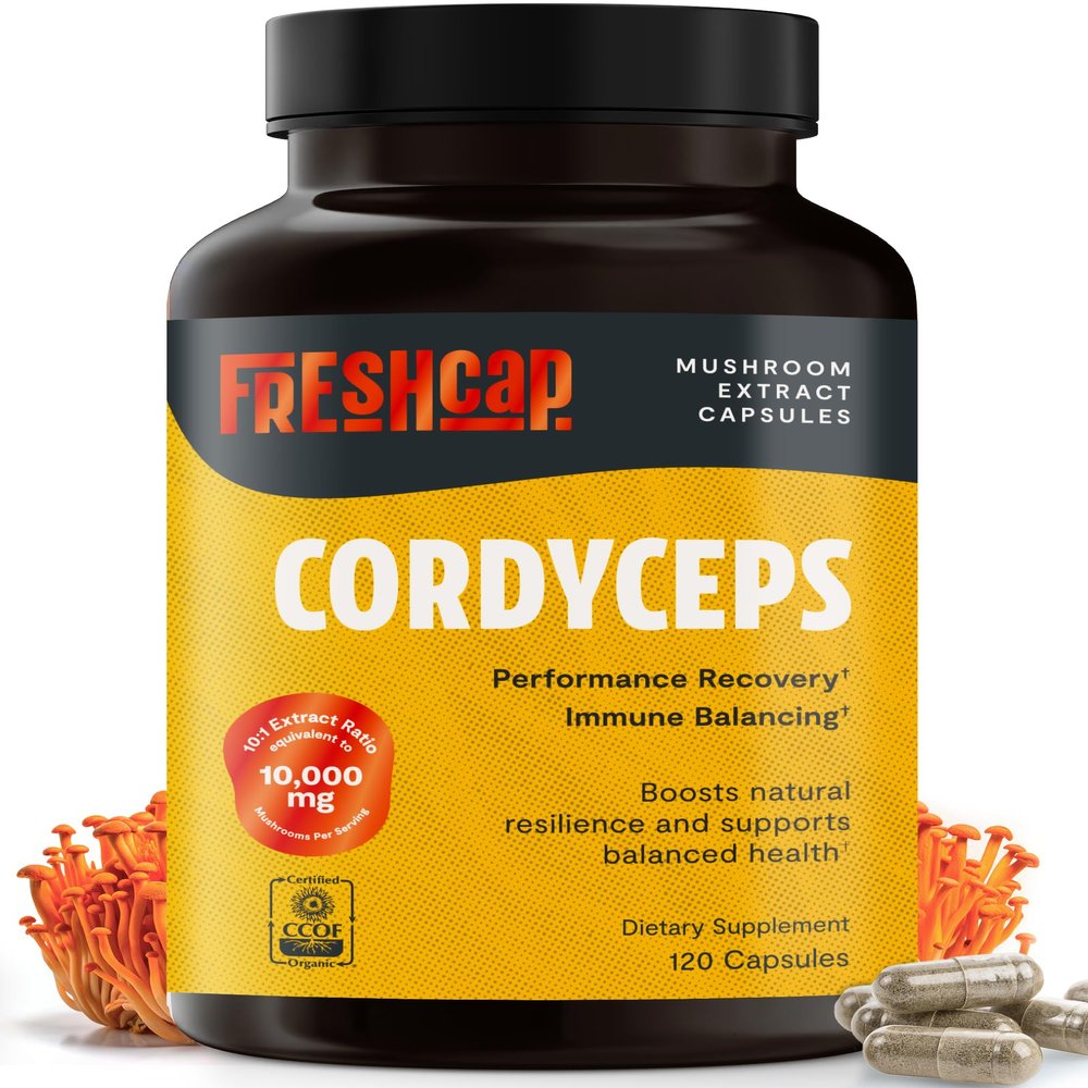 FreshCap Mushrooms Cordyceps Mushroom Capsules 10,000mg - Mushroom Extract, Energy Supplements, Ayurveda Nootropic Mushroom Supplements (120 Capsules)