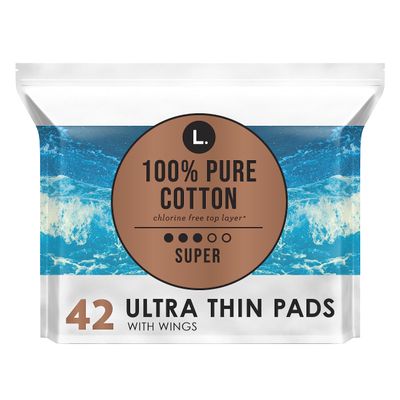 L. Ultra Thin Unscented Pads with Wings, Super Absorbency, 42 Ct, 100% Pure Cotton Chlorine Free Top Layer (Packaging May Vary)