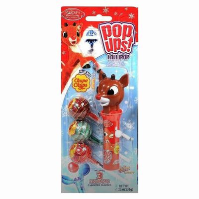 Flix Candy (1) Pop Ups Lollipop Holder - Rudolph the Red Nosed Reindeer - Filled with 3x Chupa Chups Lollipops - Net Wt. 1.26 oz
