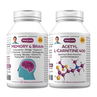 ANDREW LESSMAN Memory & Brain + Acetyl L-Carnitine Kit: 30 + 30 Capsules Naturally Supports Brain, Memory and Mental Acuity. with Ginkgo Biloba, Bacopa, Curcumin, Ginseng, B-Complex, Vitamin D3
