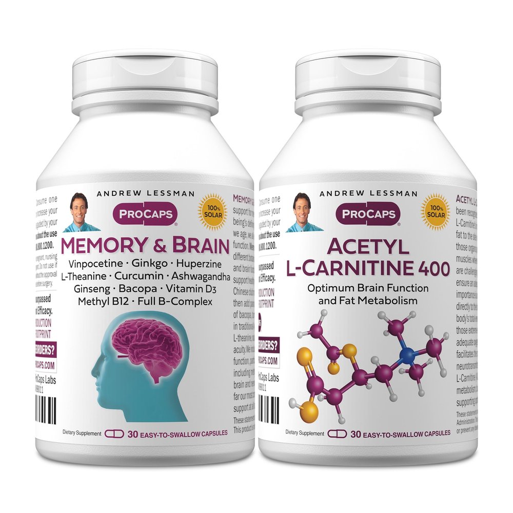 ANDREW LESSMAN Memory & Brain + Acetyl L-Carnitine Kit: 30 + 30 Capsules Naturally Supports Brain, Memory and Mental Acuity. with Ginkgo Biloba, Bacopa, Curcumin, Ginseng, B-Complex, Vitamin D3