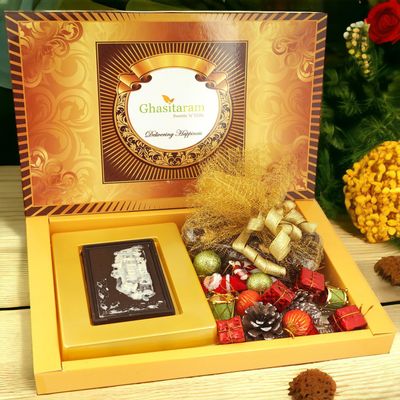 Ghasitaram Gifts Christmas Gifts Big Box of Christmas Chocolate Bar, Plum Cake and Christmas Decor