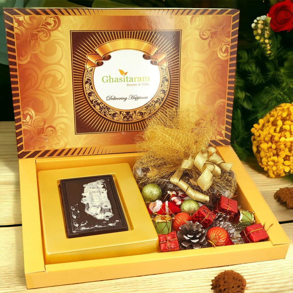 Ghasitaram Gifts Christmas Gifts Big Box of Christmas Chocolate Bar, Plum Cake and Christmas Decor