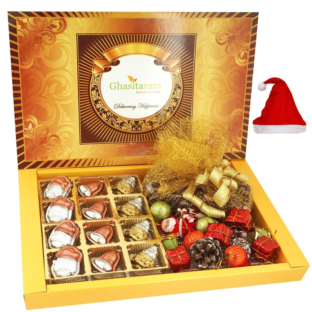 Ghasitaram Gifts Christmas Gifts Big Box of Christmas Sheen Chocolates, Plum Cake and Christmas Decor