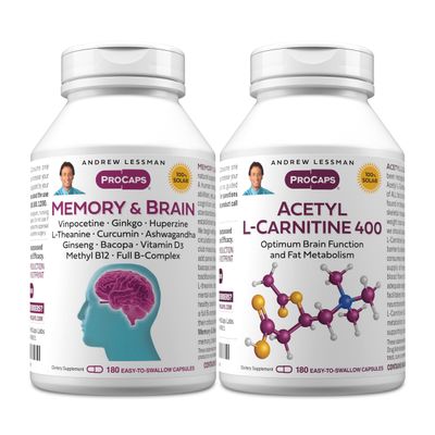 ANDREW LESSMAN Memory & Brain + Acetyl L-Carnitine Kit: 180 + 180 Capsules Naturally Supports Brain, Memory and Mental Acuity. with Ginkgo Biloba, Bacopa, Curcumin, Ginseng, B-Complex, Vitamin D3