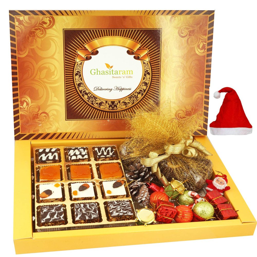 Ghasitaram Gifts Christmas Gifts Big Box of Chooclate Dryfruit Bites, Plum Cake and Christmas Decor