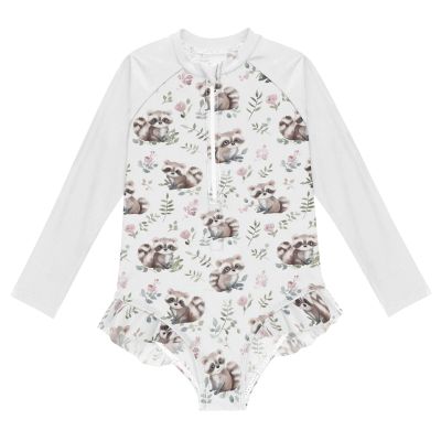 Gugusary Raccoon Baby Toddler Girl Long Sleeve Ruffle Swimsuit One Piece Zipper with UPF 50+
