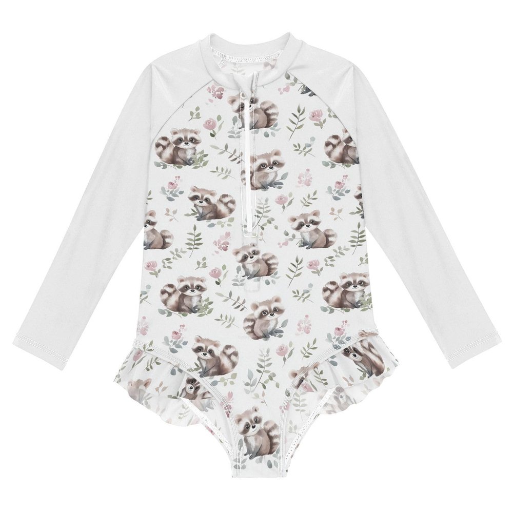 Gugusary Raccoon Baby Toddler Girl Long Sleeve Ruffle Swimsuit One Piece Zipper with UPF 50+