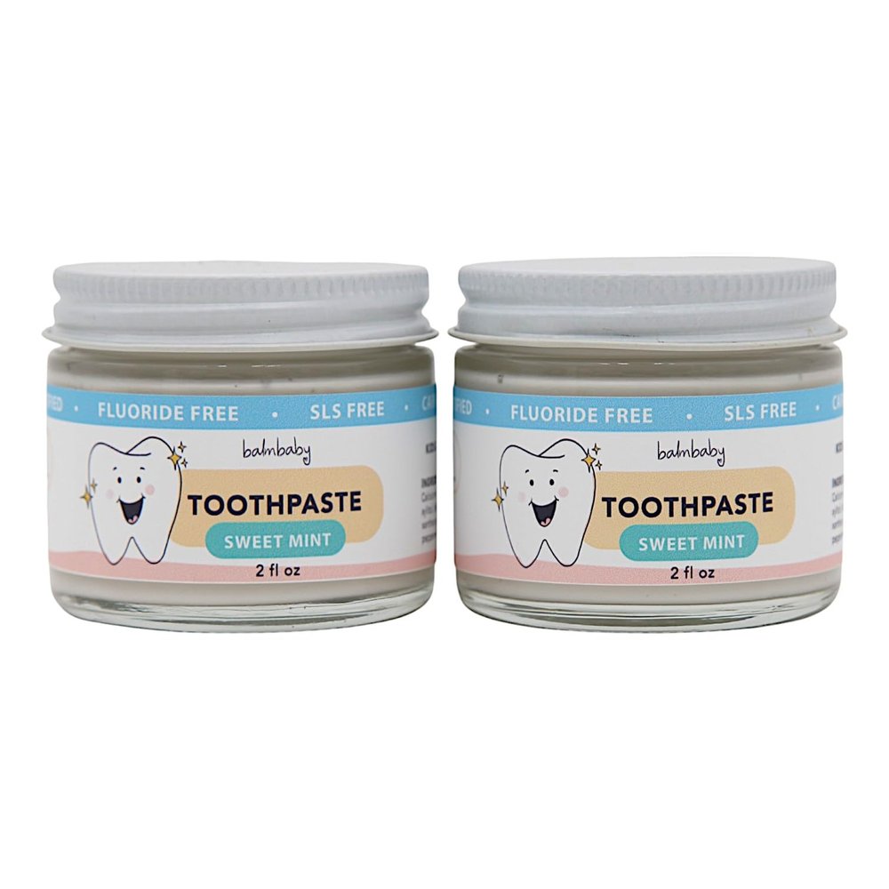 Kids All Natural Fluoride Free Toothpaste  SLS Free Toothpaste with Xylitol, Vegan Gluten Free, Glass Jar Zero Waste Teeth Paste (2-PK, Mint)