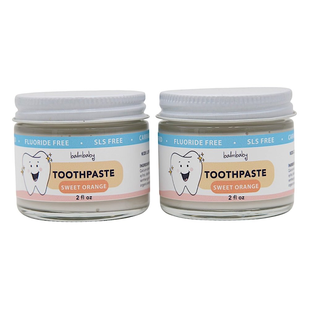 Kids All Natural Fluoride Free Toothpaste  SLS Free Toothpaste with Xylitol, Vegan Gluten Free, Glass Jar Zero Waste Teeth Paste (Orange, 2-Pack)