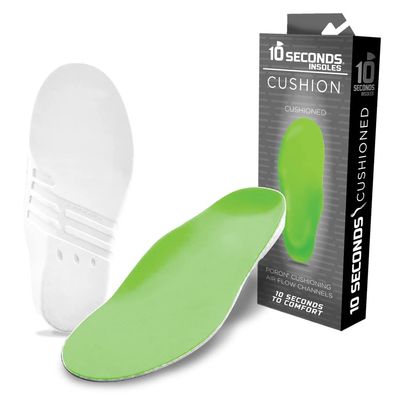 10 Seconds Green Cushion Daily Comfort Insole, Neutral Arch, Soft Support, Reduces Soreness and Designed to Fit Most Footwear, Full Foot Cushion, Durable Nylon Top, Deep Heel Cup M 8, W 9.5