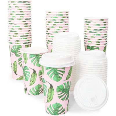 BLUE PANDA Disposable Coffee Cups with Lids - 16 Oz, 48 Count, Tropical Green Leaf Design - Paper Cups to Go for Parties & Travel - Leak Proof & Compostable
