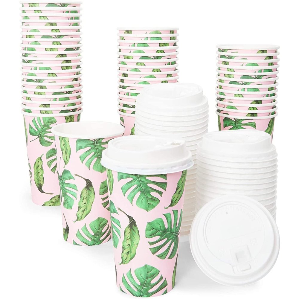 BLUE PANDA Disposable Coffee Cups with Lids - 16 Oz, 48 Count, Tropical Green Leaf Design - Paper Cups to Go for Parties & Travel - Leak Proof & Compostable