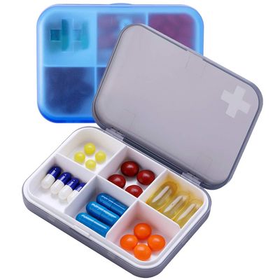 2PCS Portable Travel Pill Organizer Case for Pocket or Purse Cute Small Daily High Quality Pill Box Blue+ Grey(6 Compartments)