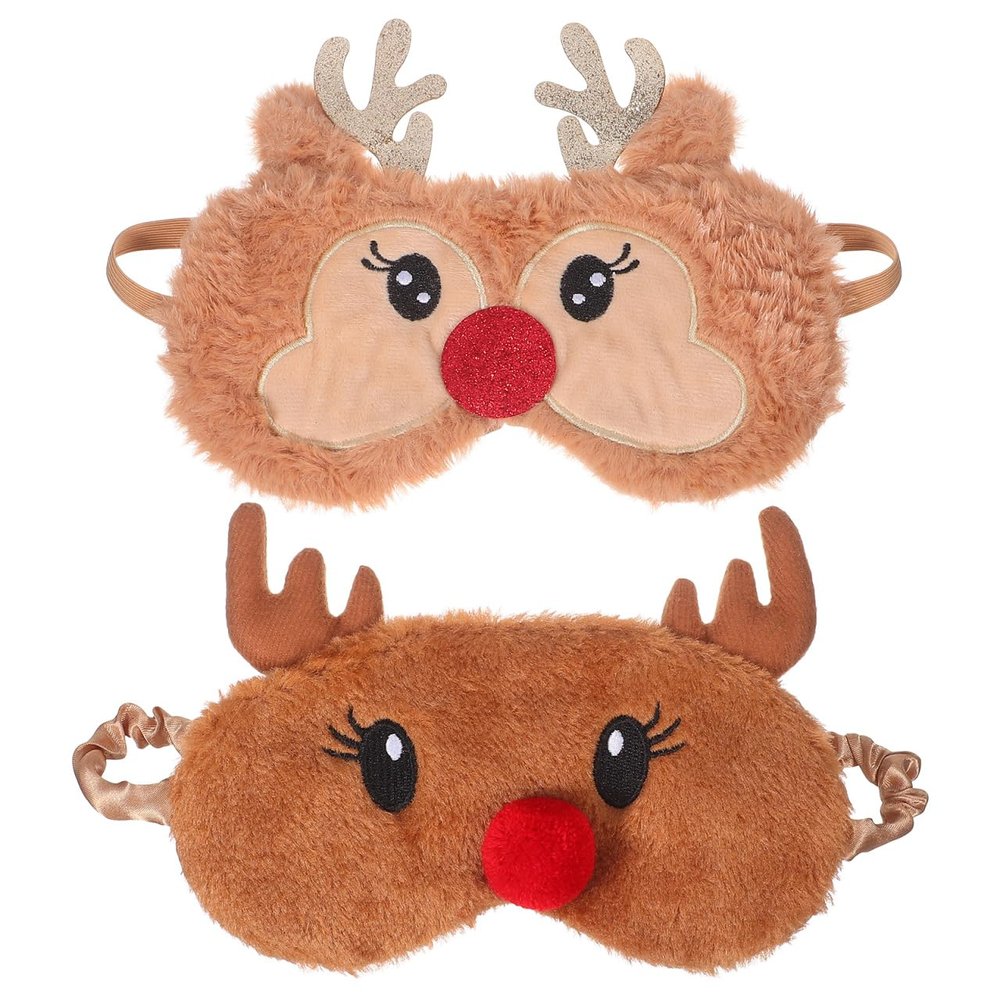 2 Pack Plush Sleep Mask: Christmas 3D Cute Deer Contoured & Breathable Night Sleep Eye Mask for Women Men, Adjustable Nose Bridge Blindfold for Travel, Nap, Shift Work, Meditation, Airplane, Bed