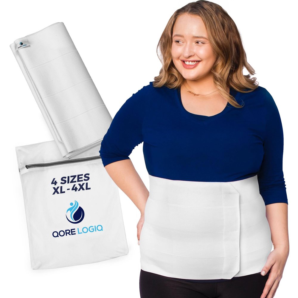 QORE LOGIQ Plus Size Abdominal Binder Post Surgery - C Section Belly Binder, Postpartum Belly Band, Adjustable 12" Compression Wrap for Stomach & Hernia Belt, Black 4XL (white, XXXX-Large)