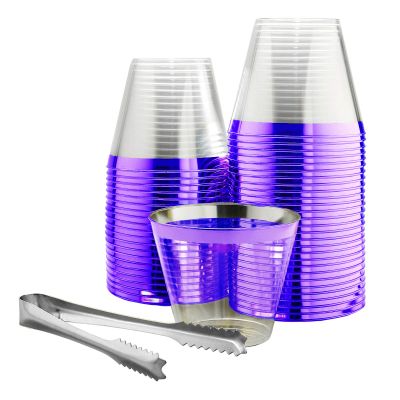 100 Purple Rimmed Plastic Cups and 1 Silver Ice Tong Set - 9 Ounce Disposable Wine Glasses - Fancy Clear Plastic Cups - Mermaid Party Supplies