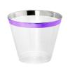 100 Purple Rimmed Plastic Cups and 1 Silver Ice Tong Set - 9 Ounce Disposable Wine Glasses - Fancy Clear Plastic Cups - Mermaid Party Supplies view 2