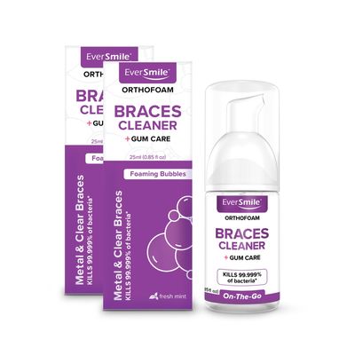 EverSmile OrthoFoam Braces Cleaner  Travel Size  Brushable Foam Whitens Teeth, Eliminates Bacteria, Fights Plaque and Bad Breath  Cleans Under Metal, Ceramic, Clear Brackets and Wires  25ml(2 Pk)