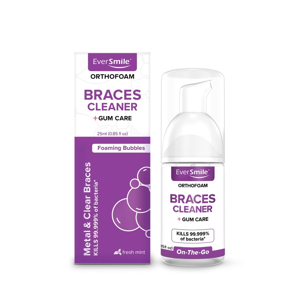 EverSmile OrthoFoam Braces Cleaner  Travel Size  Brushable Foam Whitens Teeth, Eliminates Bacteria, Fights Plaque and Bad Breath  Cleans Under Metal, Ceramic, Clear Brackets and Wires  25ml