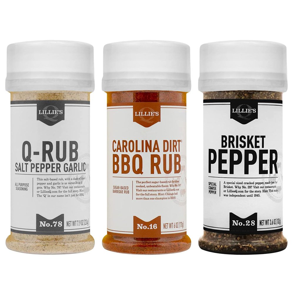 Lillies Q - Rub Trio, BBQ Rub Sampler, Barbeque Rubs & Spices, Rub Seasoning Set Includes Carolina Dirt (6 oz), Q-Rub (7.9 oz), & Brisket Pepper (3.6 oz) | 3-Pack