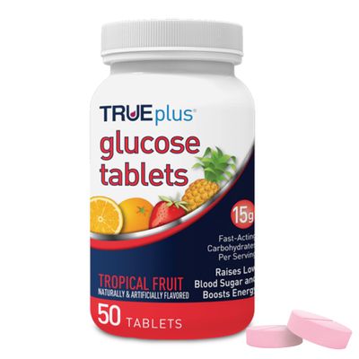 TRUEplus Glucose Tablets, Chewable, Tropical Fruit Flavor, 15g Fast-Acting Carbohydrates, Fat Free, Gluten Free, Raise Low Blood Sugar and Boost Energy, 50 Count