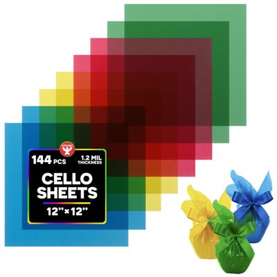 Hygloss Products Cello Sheets - Great for Arts, Crafts, DIY Projects, Classroom Activities, Gift Wrapping And More - 12 x 12 Inches - 4 Colors, 36 of Each - 144 Pack
