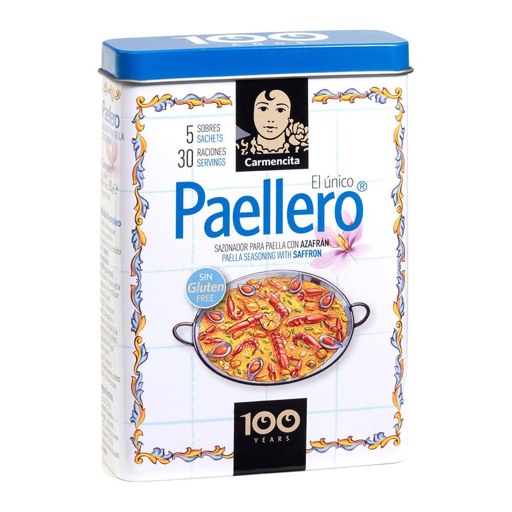 Carmencita. Paellero Paella Seasoning with Saffron (5 sackets) in metallic Tin. 20g (0.71oz)