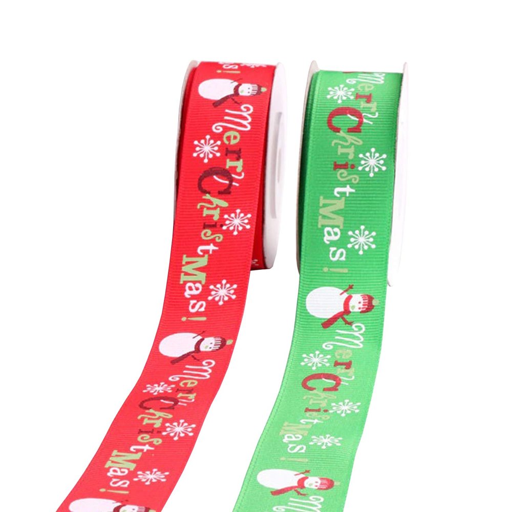 Trimming Shop Christmas Grosgrain Ribbon Xmas Holiday Printed Snowflake Snowman Ribbons for Gift Wrapping, Festive Decoration (25mm x 20 Yards, Red & Green, 2 Rolls)