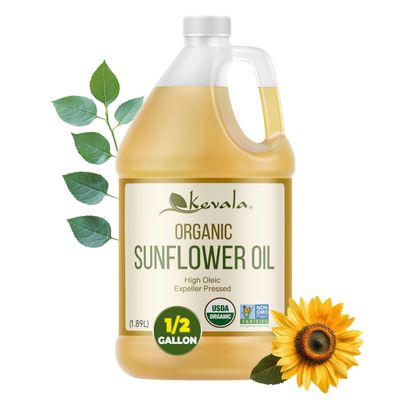 Kevala Organic Sunflower Oil - Oil for Cooking and Baking Processed in a Facility Free of Tree Nuts and Peanuts, Good Carrier for Essential Oils, Kitchen Pantry Staple for your Home, 64 fl oz, 1/2 gal