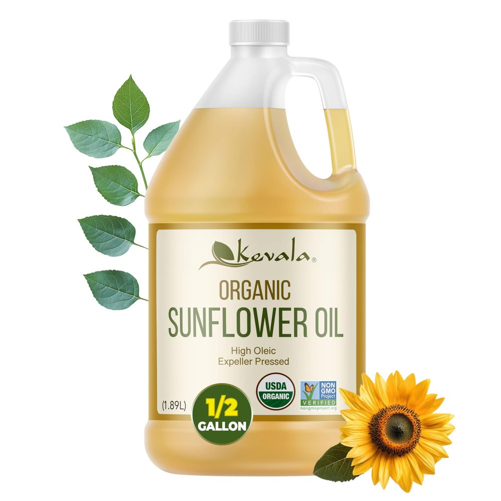 Kevala Organic Sunflower Oil - Oil for Cooking and Baking Processed in a Facility Free of Tree Nuts and Peanuts, Good Carrier for Essential Oils, Kitchen Pantry Staple for your Home, 64 fl oz, 1/2 gal