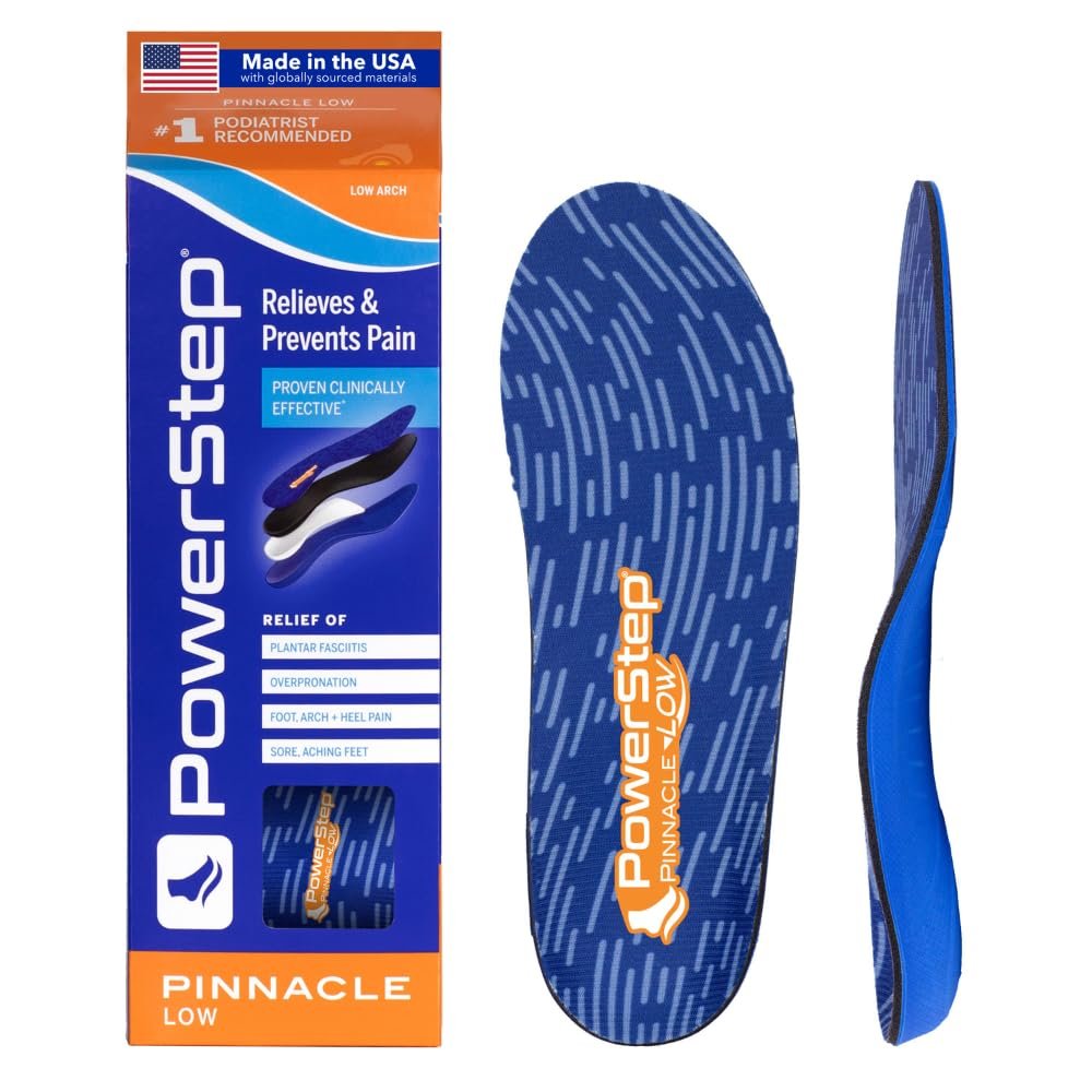PowerStep Pinnacle Low, PowerStep Insoles, Flat Feet, Plantar Fasciitis Relief, Overpronation, Arch Support, Heel Pain, All Day Comfort, Pain Relief, Made in USA (Men's 9-9.5 / Women's 11-11.5)