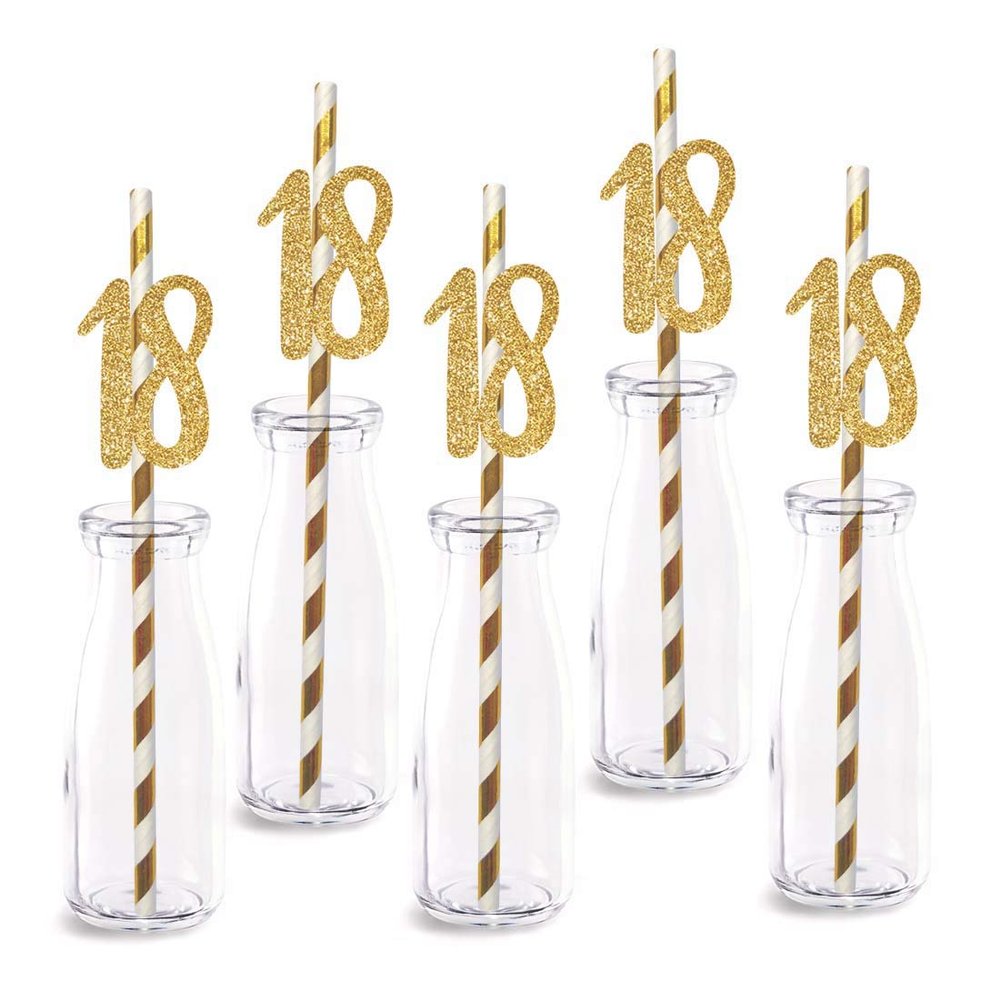 18th Birthday Paper Straw Decor, 24-Pack Real Gold Glitter Cut-Out Numbers Happy 18 Years Party Decorative Straws