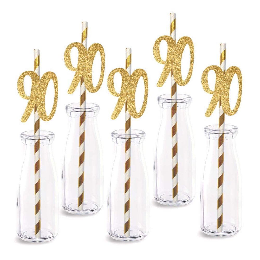 90th Birthday Paper Straw Decor, 24-Pack Real Gold Glitter Cut-Out Numbers Happy 90 Years Party Decorative Straws