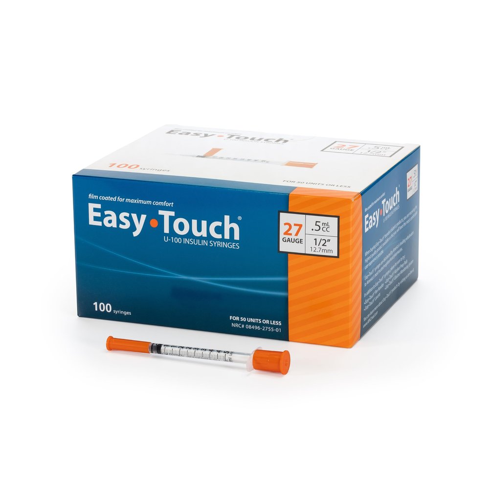 EasyTouch U-100 Insulin Syringe with Needle, 27G 0.5cc 1/2-Inch (12.7mm), Box of 100