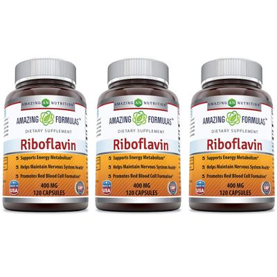 Amazing Formulas Riboflavin 400 mg Capsules | Vitamin B2 Supplement | Non-GMO | Gluten Free | Made in USA (120 Count | 3 Pack)