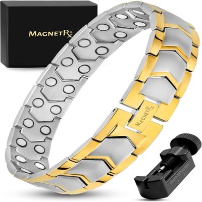 MagnetRX Ultra Strength Magnetic Bracelet  Effective Stainless Steel Metal Bracelets for Men  Adjustable Length with Sizing Tool for Perfect Fit (Silver & Gold)