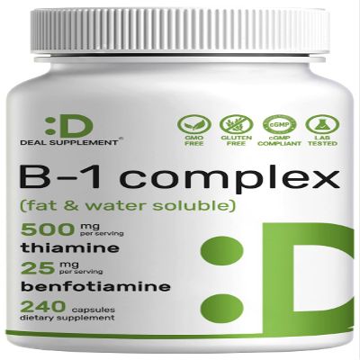 DEAL SUPPLEMENT Vitamin B1 500mg with Benfotiamine, 240 Capsules  2 in 1 Enhanced Formula  Fat & Water Soluble Thiamine B1 Supplement  Third Party Tested, Non-GMO, No Gluten