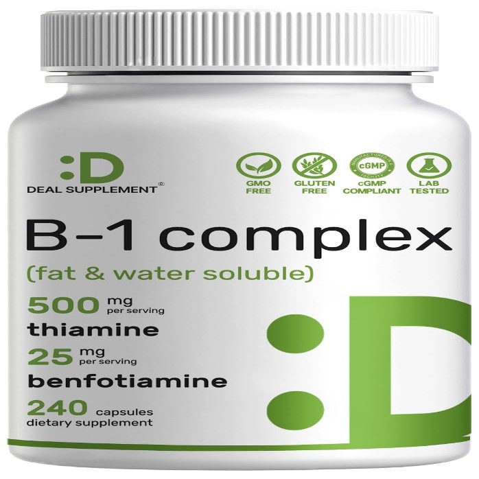 DEAL SUPPLEMENT Vitamin B1 500mg with Benfotiamine, 240 Capsules  2 in 1 Enhanced Formula  Fat & Water Soluble Thiamine B1 Supplement  Third Party Tested, Non-GMO, No Gluten