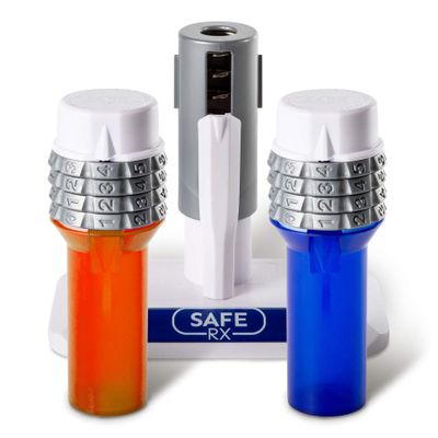 Safe Rx Locking Pill Bottle | Set Your Own Code Combination Lock | Prevent Pill Theft, Secure Medication | Certified Child-Resistant, Senior-Friendly | 4.5 x 1.5 Bottles 2 Piece Set Blue + Encoder