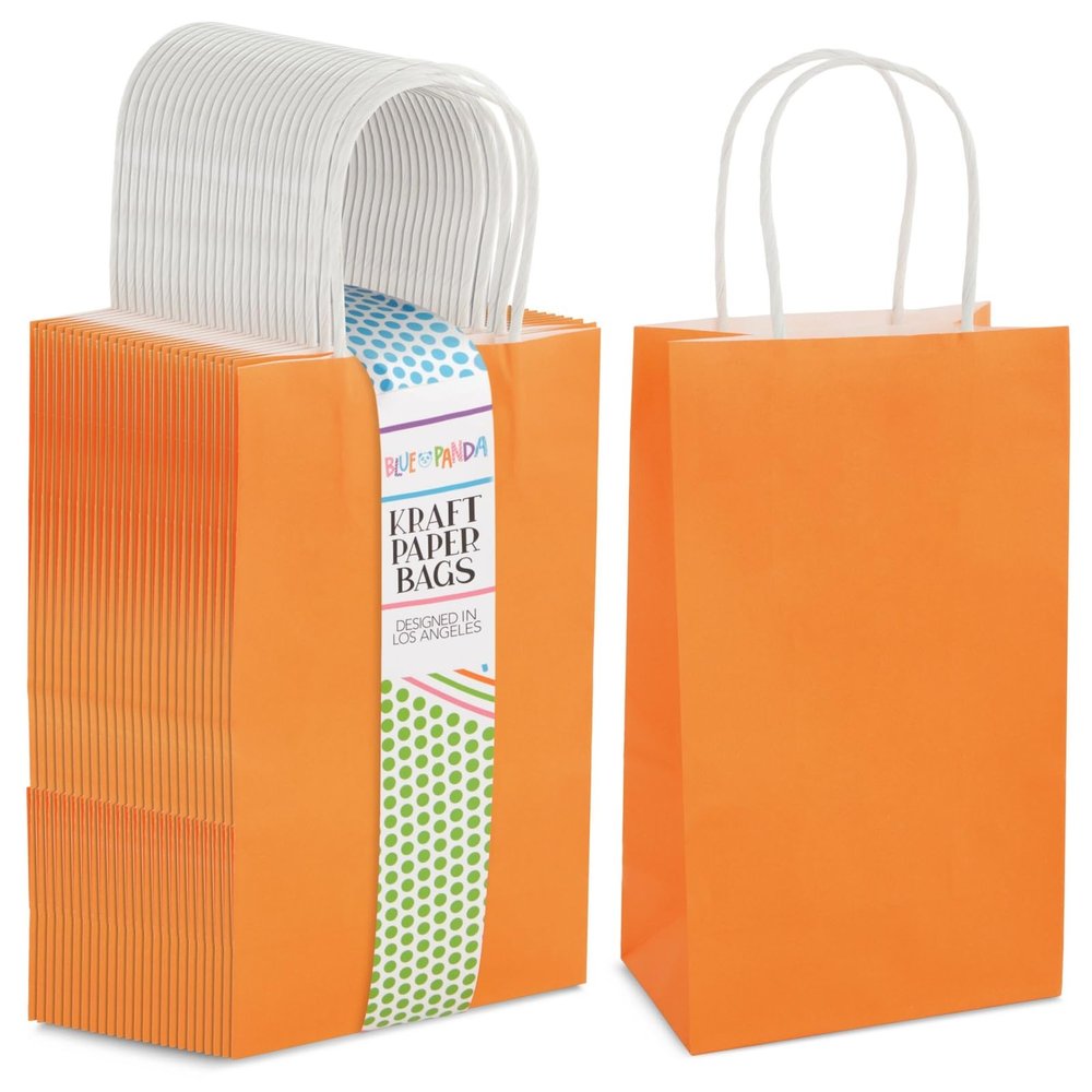 BLUE PANDA 25-Pack Orange Gift Bags with Handles - Small Paper Treat Bags for Birthday, Wedding, Retail (5.3x3.2x9 In)