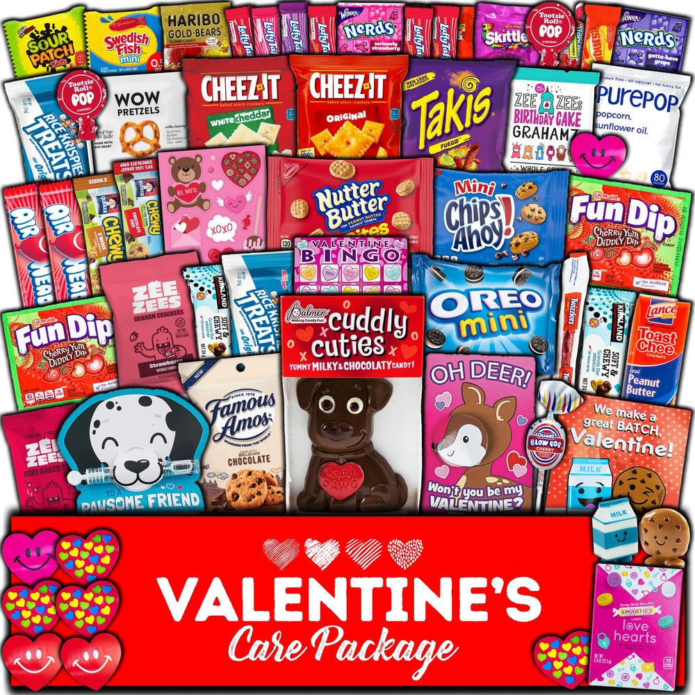 Valentine's Day Gift Care Package (50ct) Snacks Chocolates Candy Box Assortment Variety Bundle Present Kids Adults Boy Girl Guy Friend College Husband Wife Boyfriend Girlfriend Love