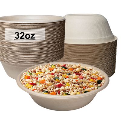[100 PACK] 32oz Round Disposable Bowls Deep - Natural Sugarcane Bagasse, Bamboo Fibers, Sturdy Compostable, Eco Friendly, Environmental, Paper Plastic Bowl Alternative, Tree Free by EcoQuality