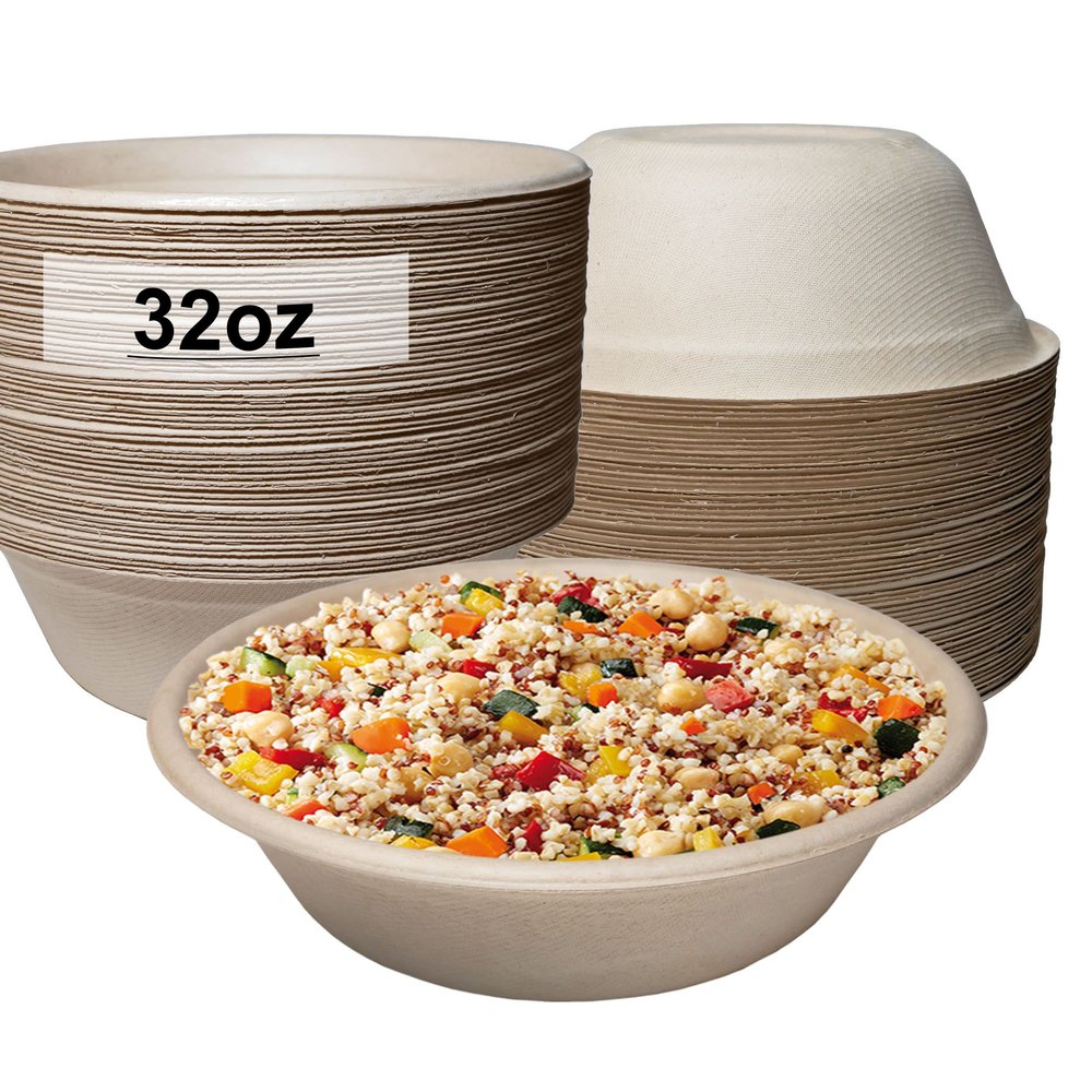 [200 PACK] 32oz Round Disposable Bowls Deep - Natural Sugarcane Bagasse, Bamboo Fibers, Sturdy Compostable, Eco Friendly, Environmental, Paper Plastic Bowl Alternative, Tree Free by EcoQuality